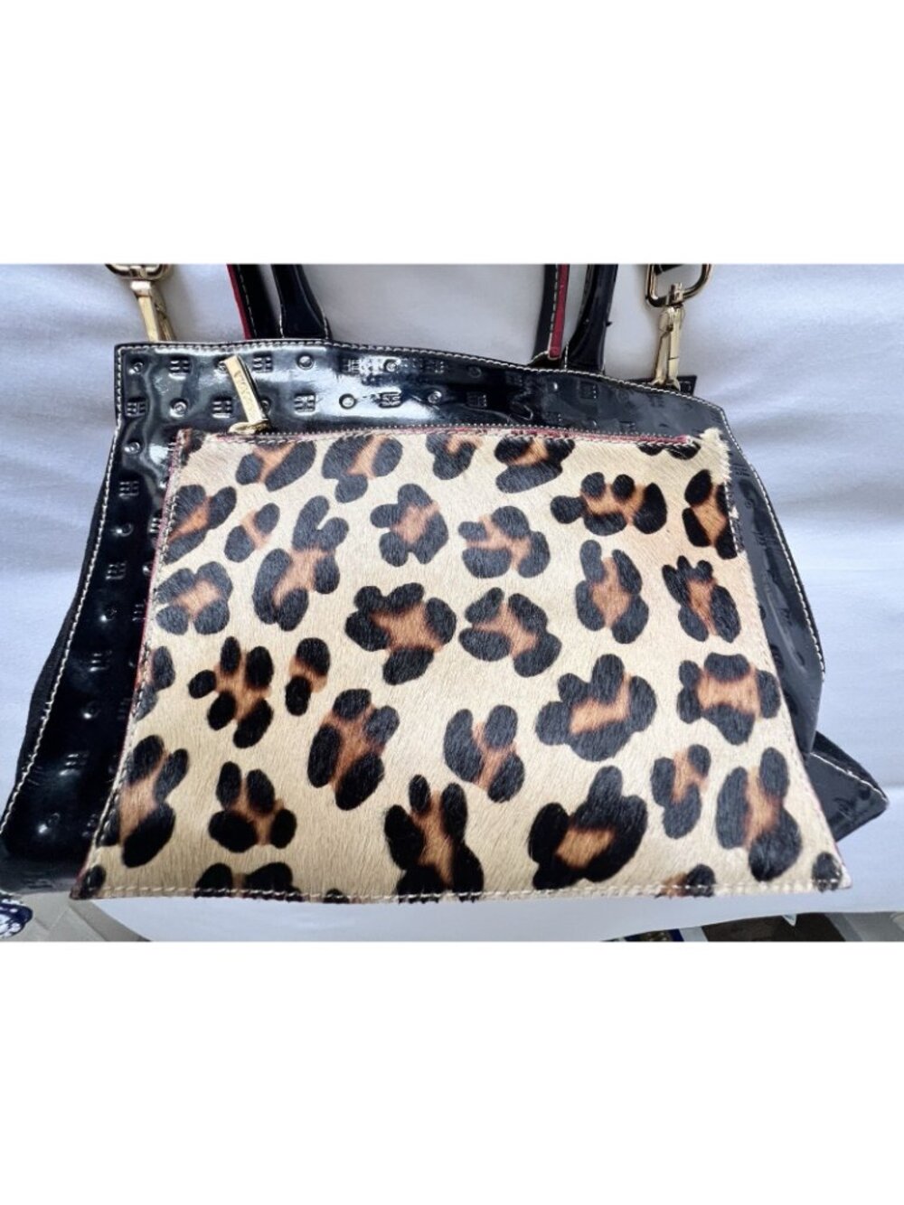 ARCADIA Patent Leather Handbag Crossbody Leopard Print Haircalf Made in Italy - Picture 3 of 14